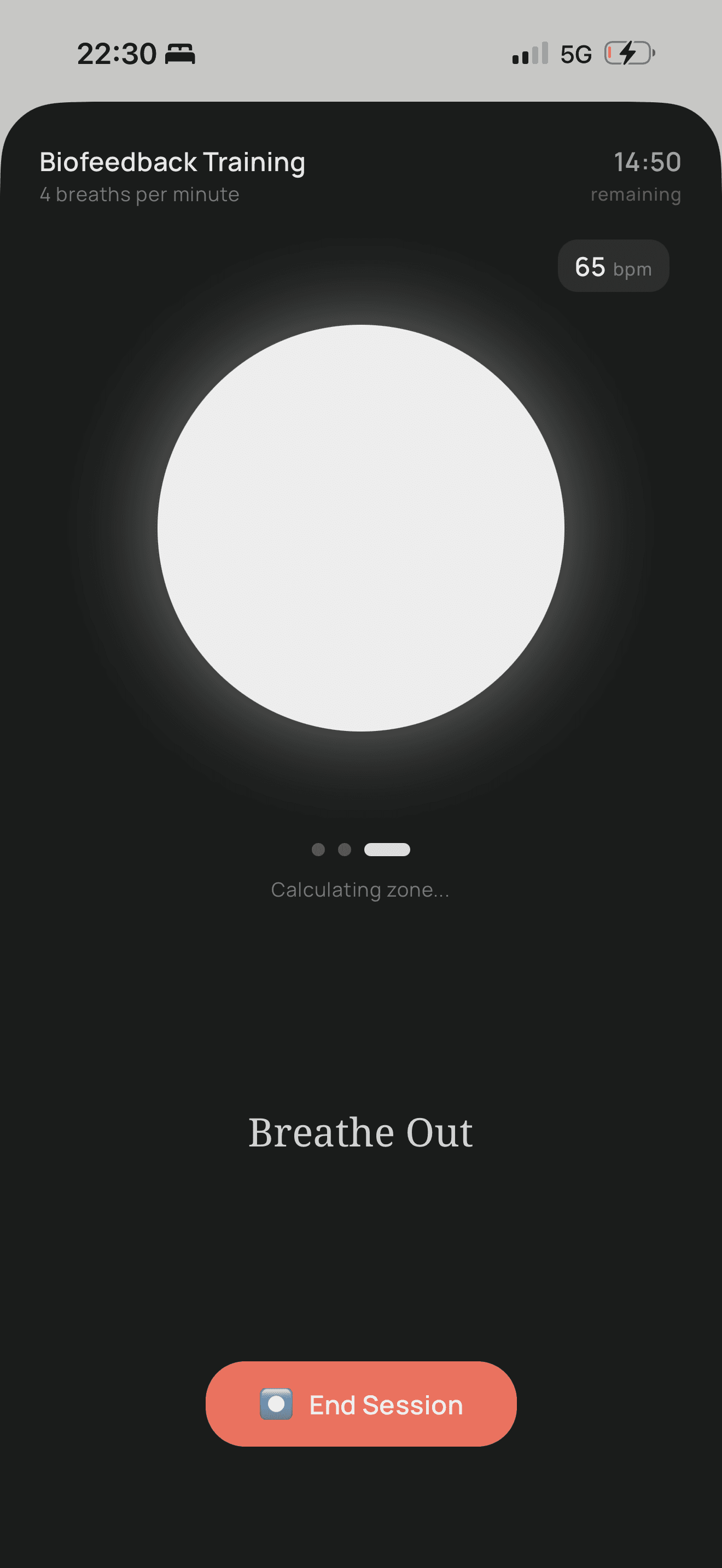 Biofeedback training breathe-out cue with calculating zone