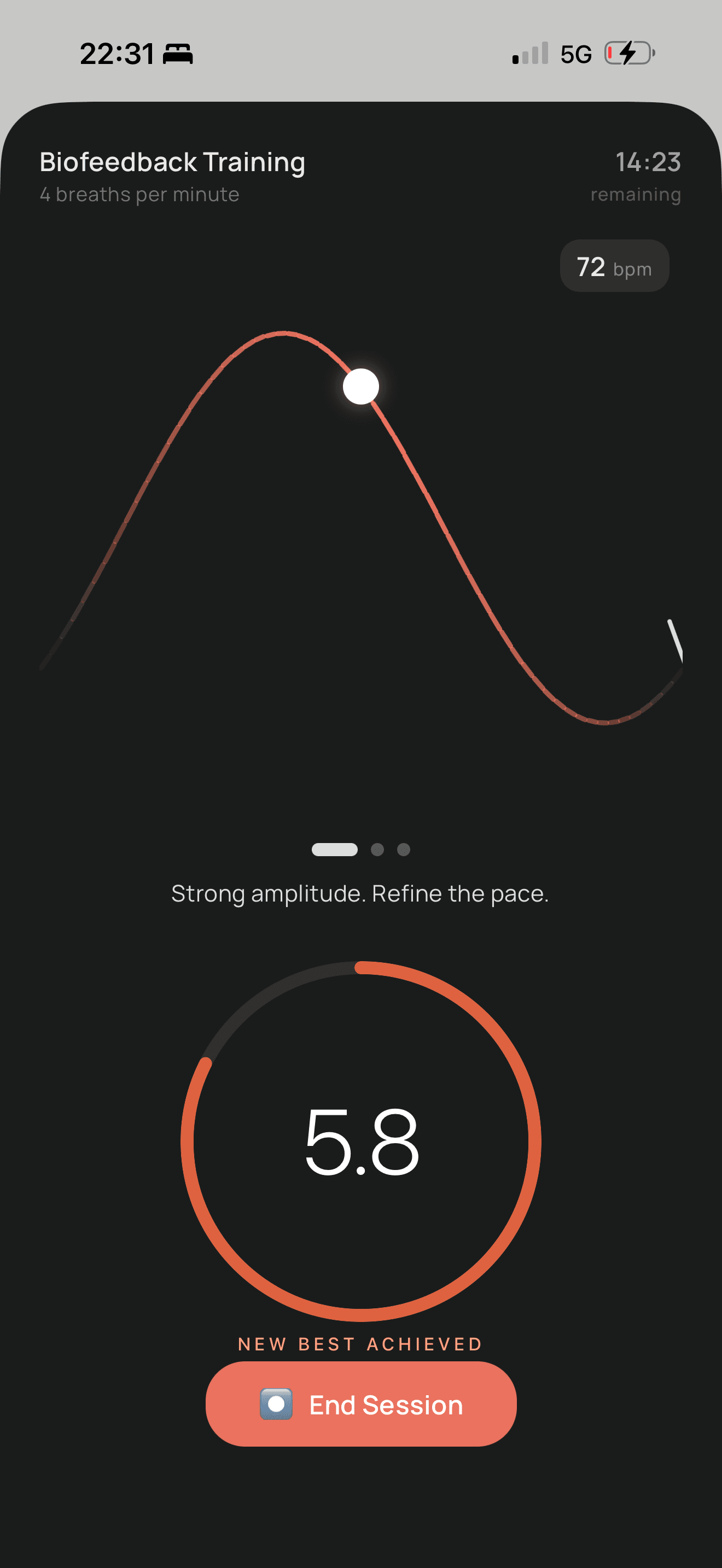 Biofeedback training session showing breath wave and live score